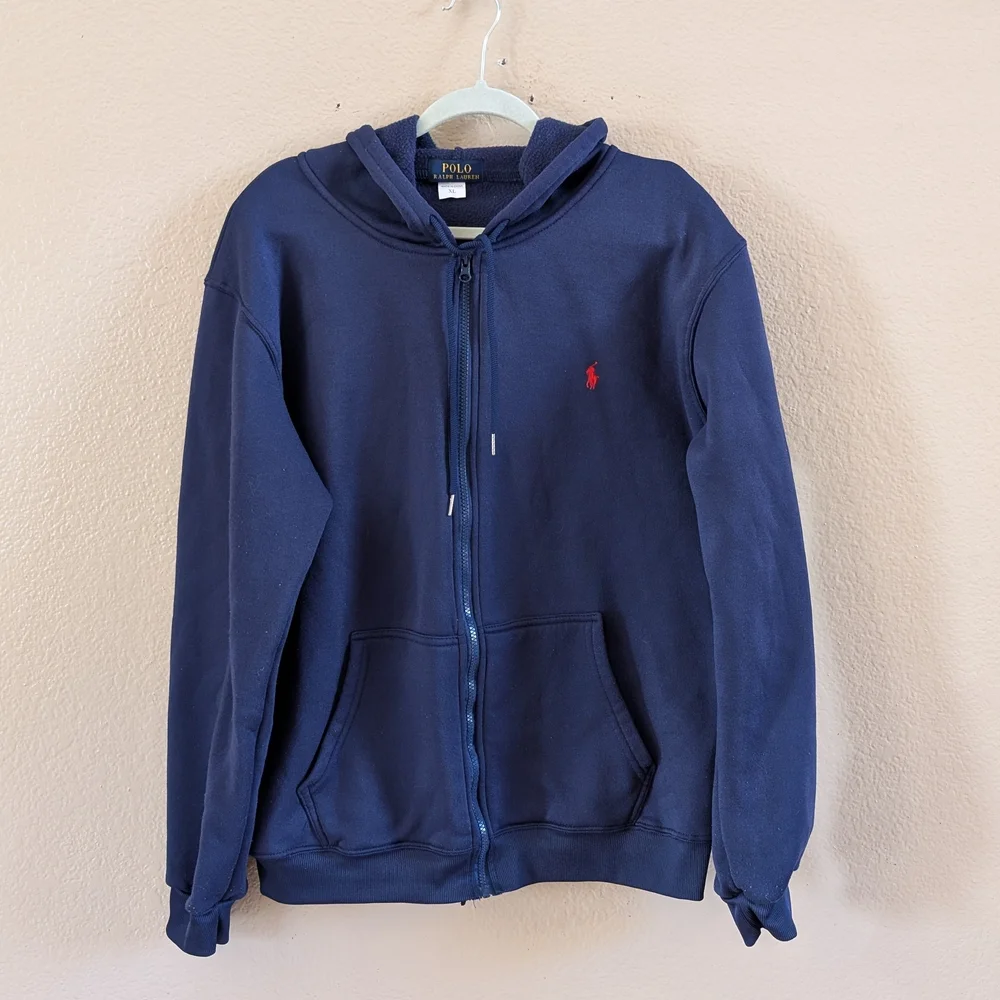 Polo by Ralph Lauren Navy Blue Full Zip Hoodie Mens XL Red Embroidered Pony